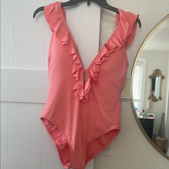 MICHAEL Michael Kors Grapefruit Ruffled One Piece Swimsuit Size 12 - Picture 1 of 9